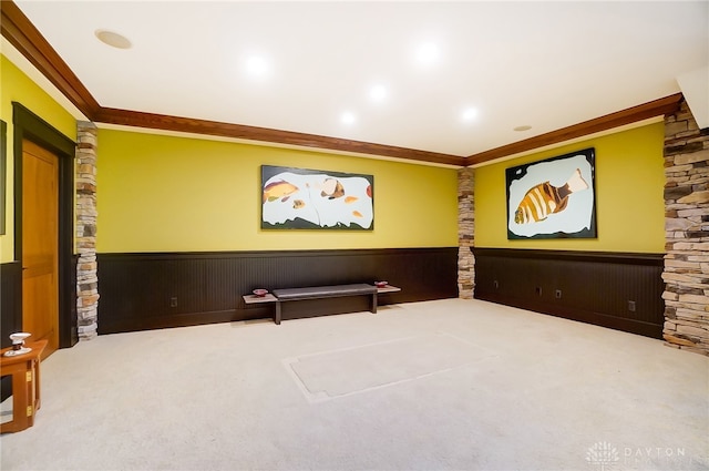 carpeted home theater room with wooden walls and ornamental molding