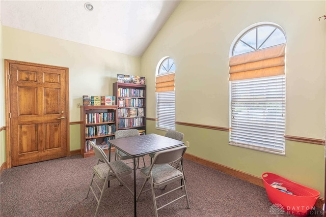 office space with carpet floors and high vaulted ceiling