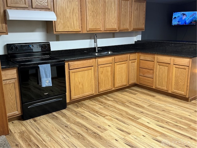 kitchen featuring sink, dark stone countertops, light wood-type flooring, range hood, and black range with electric cooktop