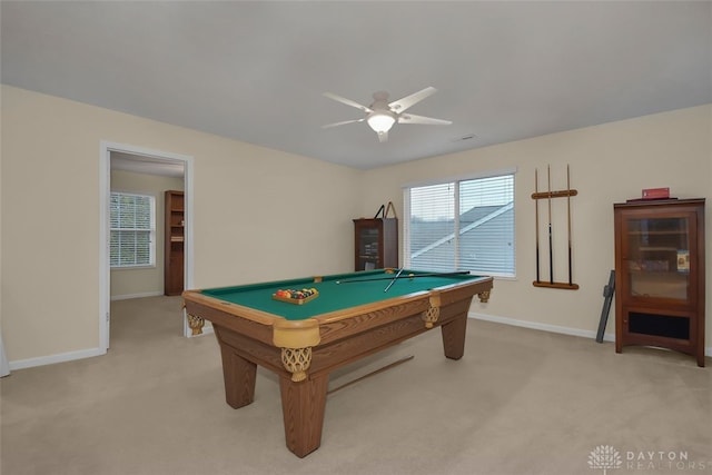 rec room with light carpet, ceiling fan, and billiards