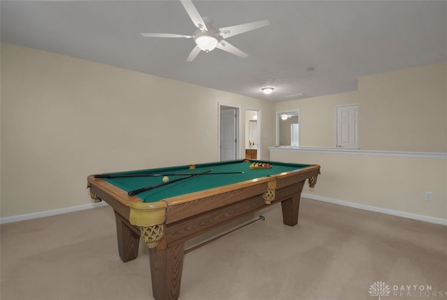 recreation room with light colored carpet, ceiling fan, and billiards