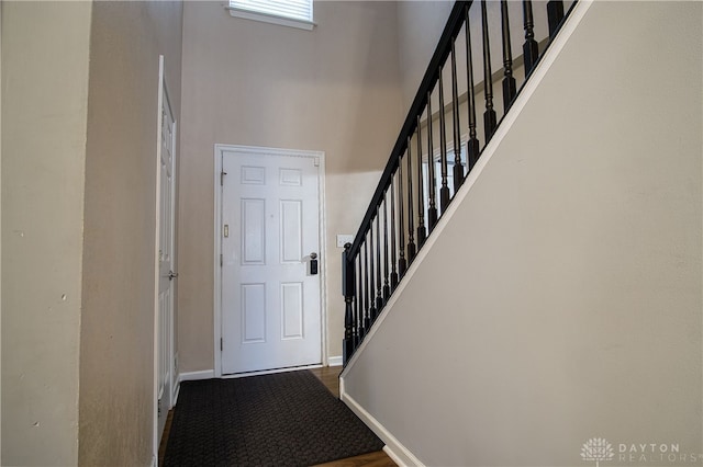 entryway with carpet flooring and a high ceiling