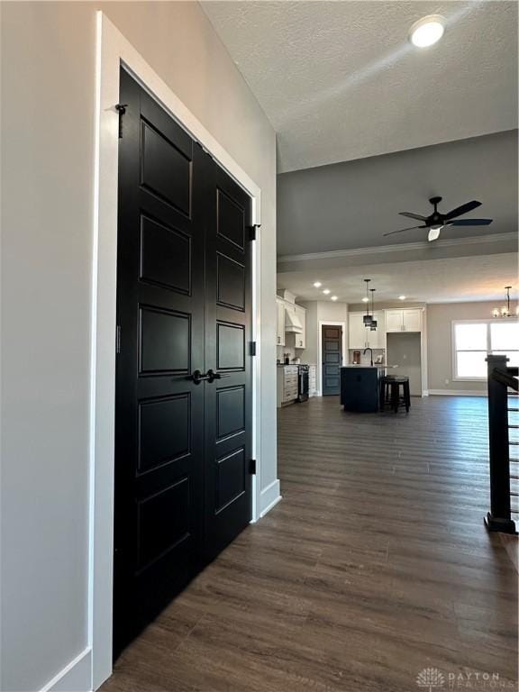 entrance foyer featuring dark wood-style floors, baseboards, a textured ceiling, and ceiling fan with notable chandelier