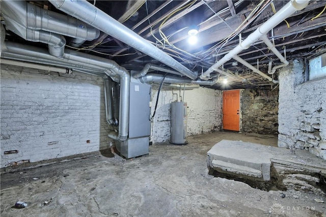 basement with heating unit and electric water heater