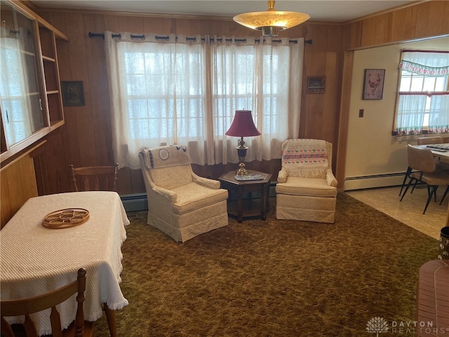 living area featuring carpet, wooden walls, and a baseboard radiator