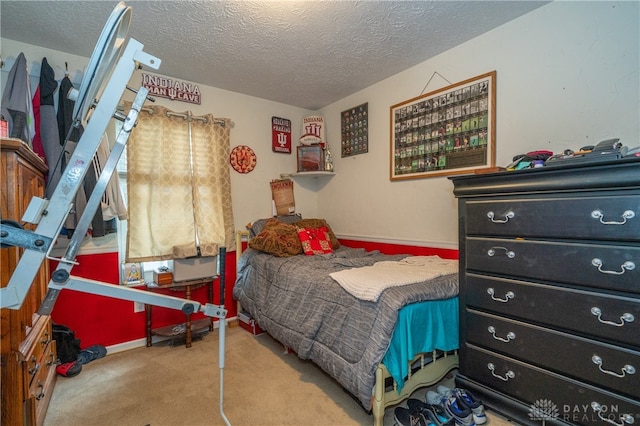 carpeted bedroom with a textured ceiling