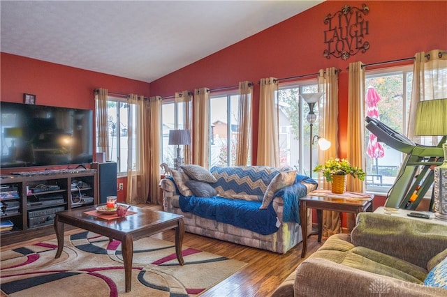 living room with vaulted ceiling and hardwood / wood-style flooring