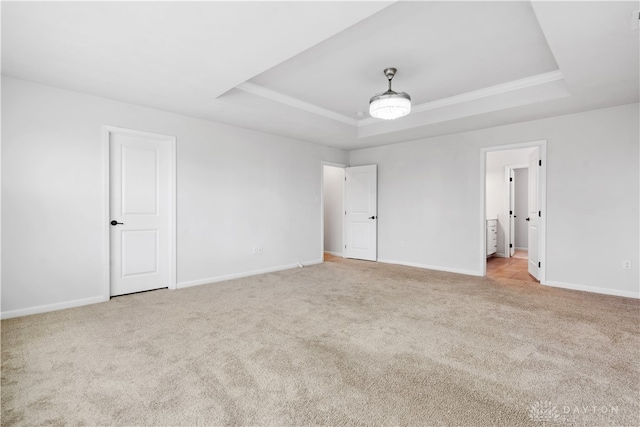 unfurnished room with light colored carpet and a tray ceiling