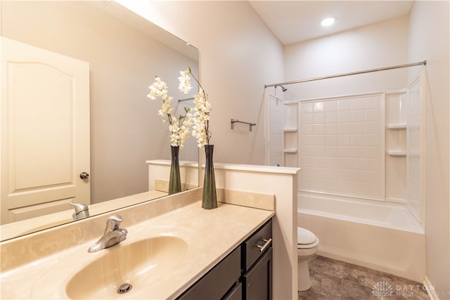 full bathroom with shower / bathing tub combination, vanity, and toilet