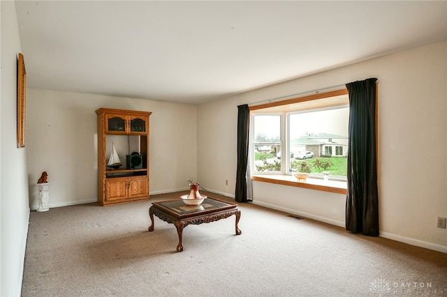 living area with light colored carpet