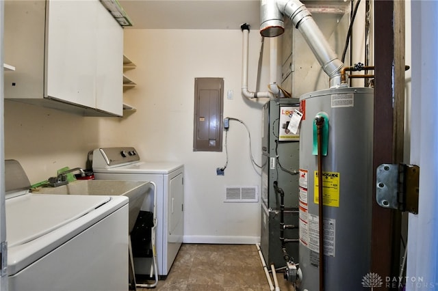 washroom with cabinets, gas water heater, washing machine and dryer, and electric panel