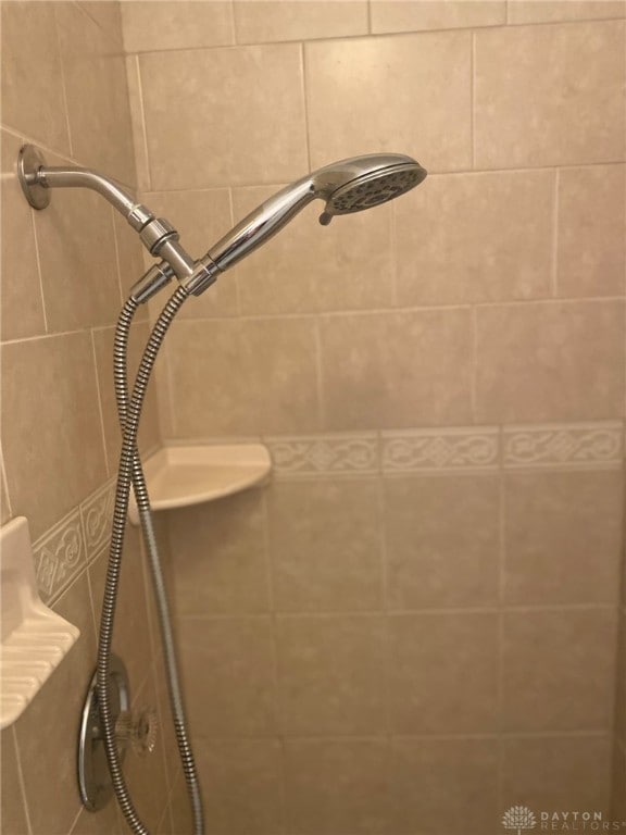 interior details featuring a tile shower