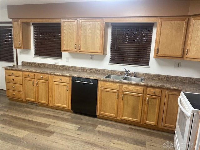 kitchen with white electric range oven, black dishwasher, light hardwood / wood-style floors, and sink