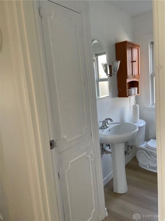 bathroom with hardwood / wood-style flooring, toilet, and sink