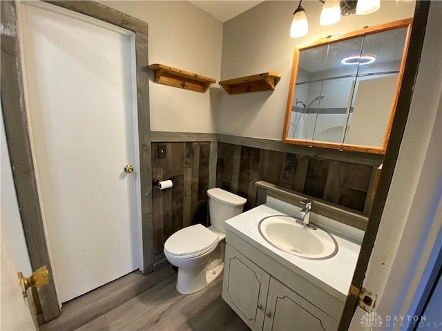 bathroom with vanity, toilet, and wood-type flooring