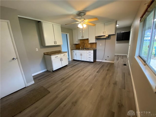 kitchen with wood-type flooring, sink, white cabinets, and ceiling fan