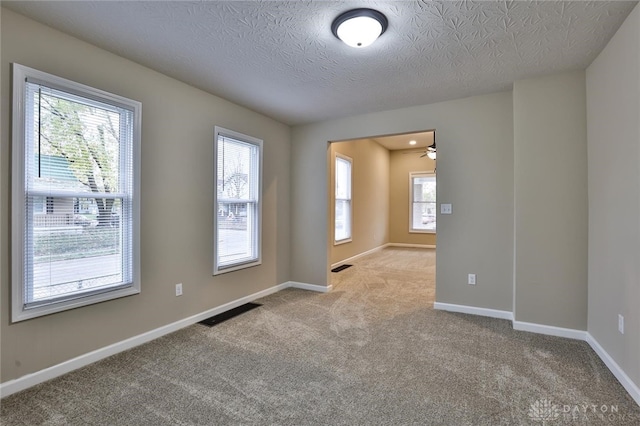 spare room with light carpet, a textured ceiling, a wealth of natural light, and ceiling fan