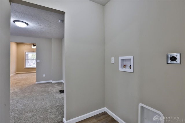 clothes washing area featuring washer hookup, a textured ceiling, ceiling fan, electric dryer hookup, and carpet floors