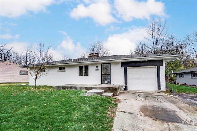 ranch-style house with a garage and a front yard