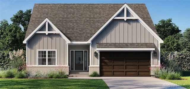 9333 Rochelle Ln, Clearcreek Twp, OH 45458 - view of front of home with board and batten siding, a shingled roof, a garage, and brick siding