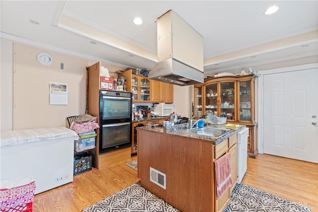 kitchen with sink, crown molding, white appliances, island range hood, and light wood-type flooring