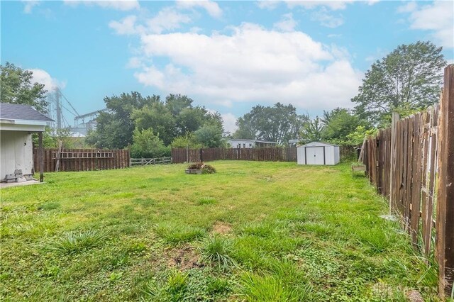 view of yard featuring a storage unit