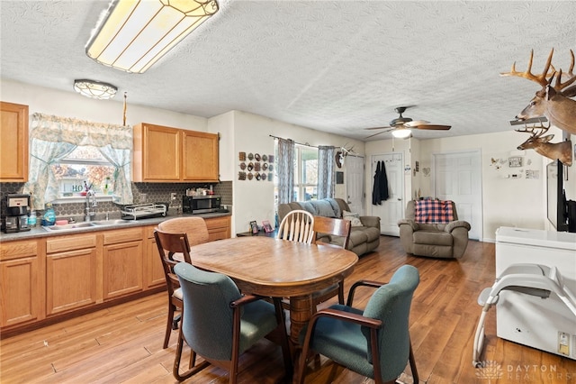 dining area with a textured ceiling, ceiling fan, sink, and light hardwood / wood-style flooring