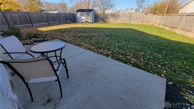 view of yard with a storage unit and a patio