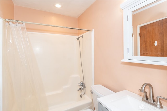 full bathroom featuring vanity, toilet, and shower / bathtub combination with curtain