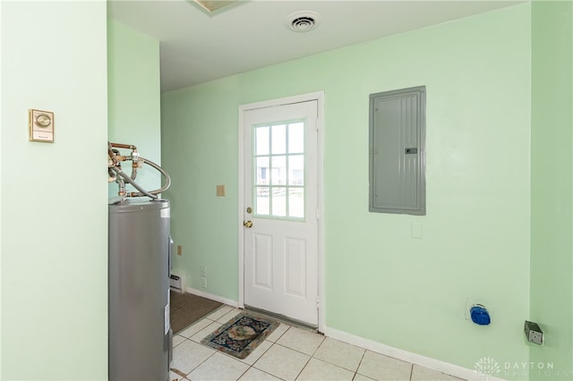 doorway to outside featuring light tile patterned flooring, electric panel, and water heater