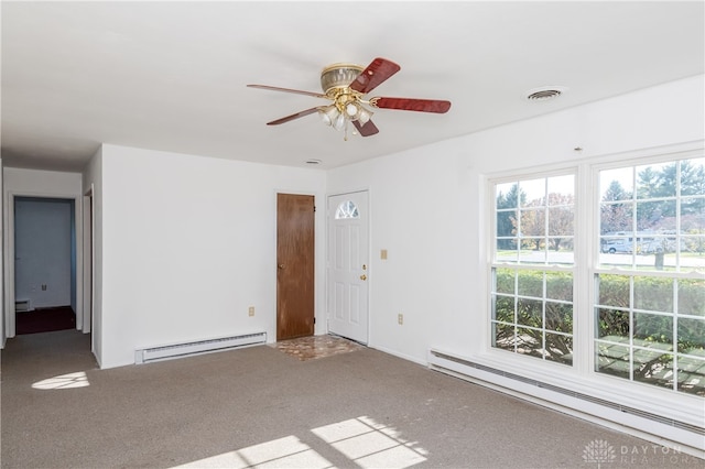 empty room featuring ceiling fan, carpet floors, and baseboard heating