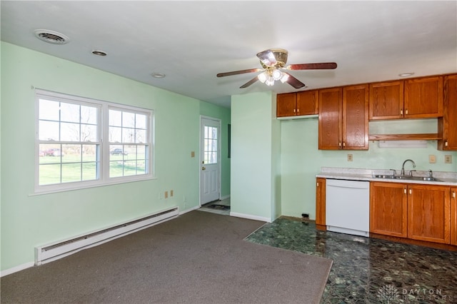 kitchen with dishwasher, ceiling fan, sink, and baseboard heating