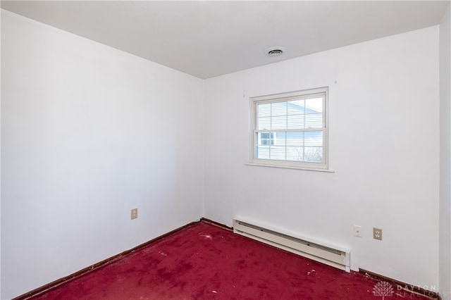 unfurnished room with carpet and baseboard heating