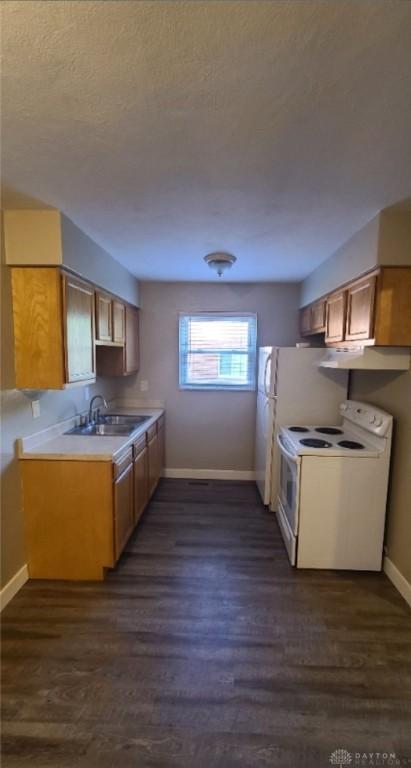 kitchen with white range with electric stovetop, sink, and dark hardwood / wood-style floors