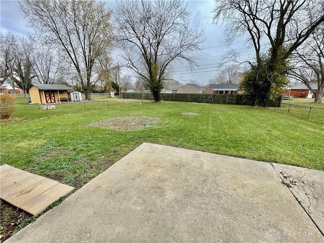 view of yard with a patio and a storage shed