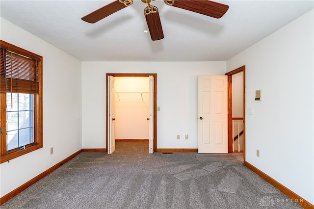 unfurnished bedroom with a walk in closet, a closet, dark carpet, and ceiling fan