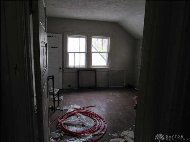 bonus room with hardwood / wood-style floors, lofted ceiling, and a textured ceiling