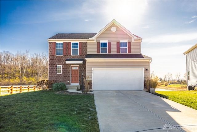 view of front facade with a garage and a front lawn