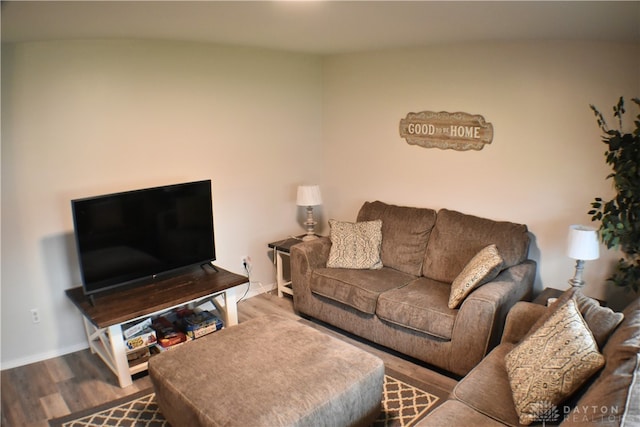 living room featuring wood-type flooring and vaulted ceiling