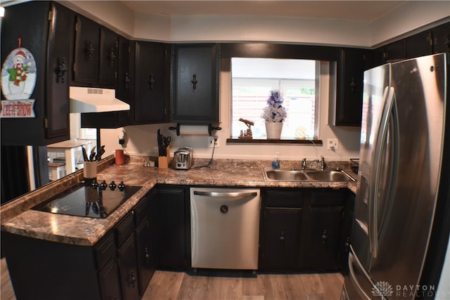 kitchen featuring appliances with stainless steel finishes, ventilation hood, light hardwood / wood-style floors, and sink