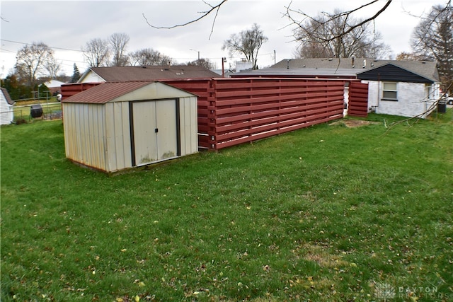 exterior space with a shed