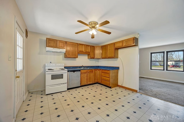 kitchen featuring light carpet, ceiling fan, sink, electric range, and dishwasher