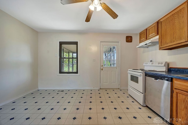 kitchen featuring white range with electric cooktop, ceiling fan, and stainless steel dishwasher