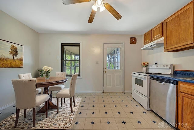 kitchen with ceiling fan, stainless steel dishwasher, and white electric stove