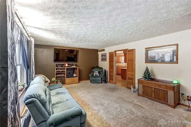 living room featuring carpet floors and a textured ceiling