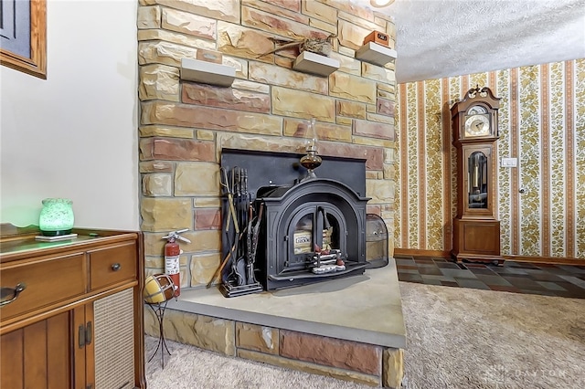 interior details with carpet flooring and a wood stove