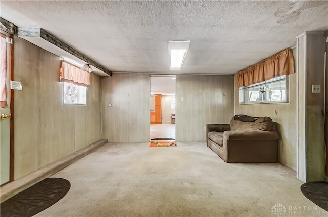 basement featuring light colored carpet, a wealth of natural light, and wooden walls