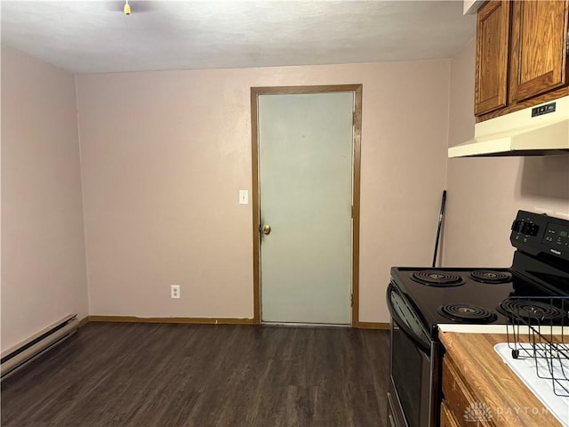 kitchen with black / electric stove, dark wood-type flooring, and a baseboard heating unit