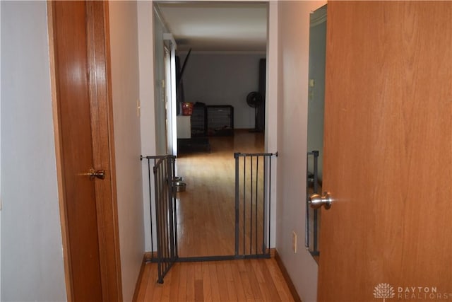 hall with light wood-type flooring and ornamental molding