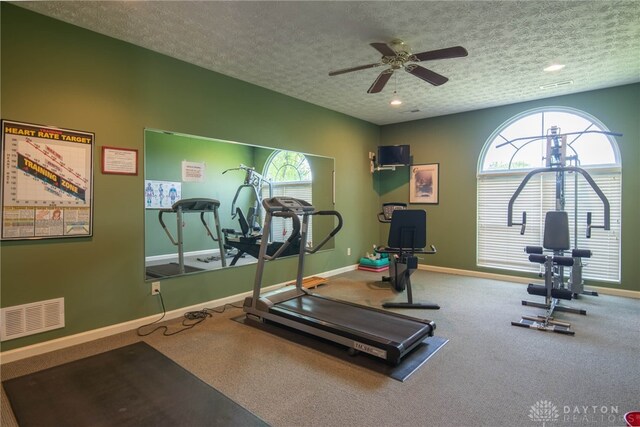 workout area featuring ceiling fan, carpet floors, and a textured ceiling